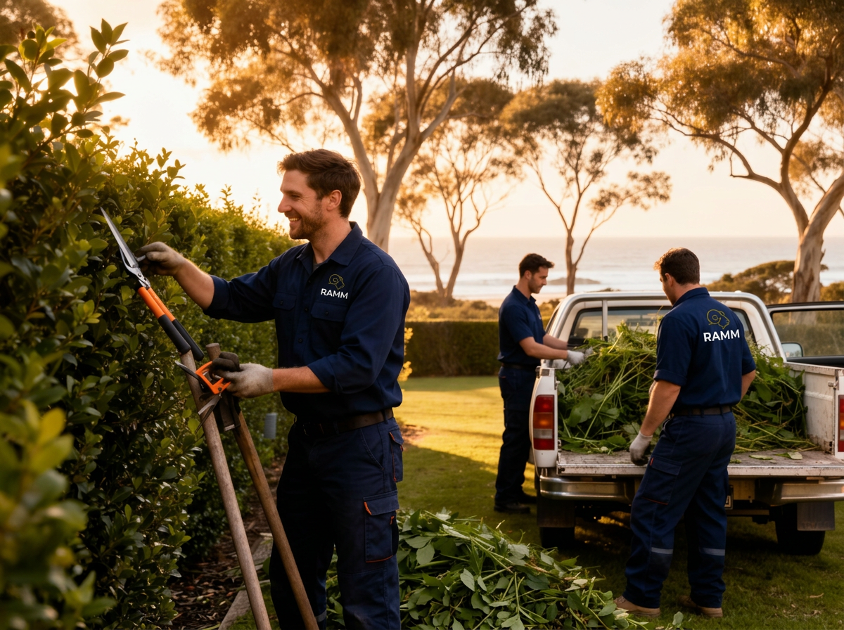 RAMM team trimming a hedge and loading green waste in a Mornington Peninsula garden